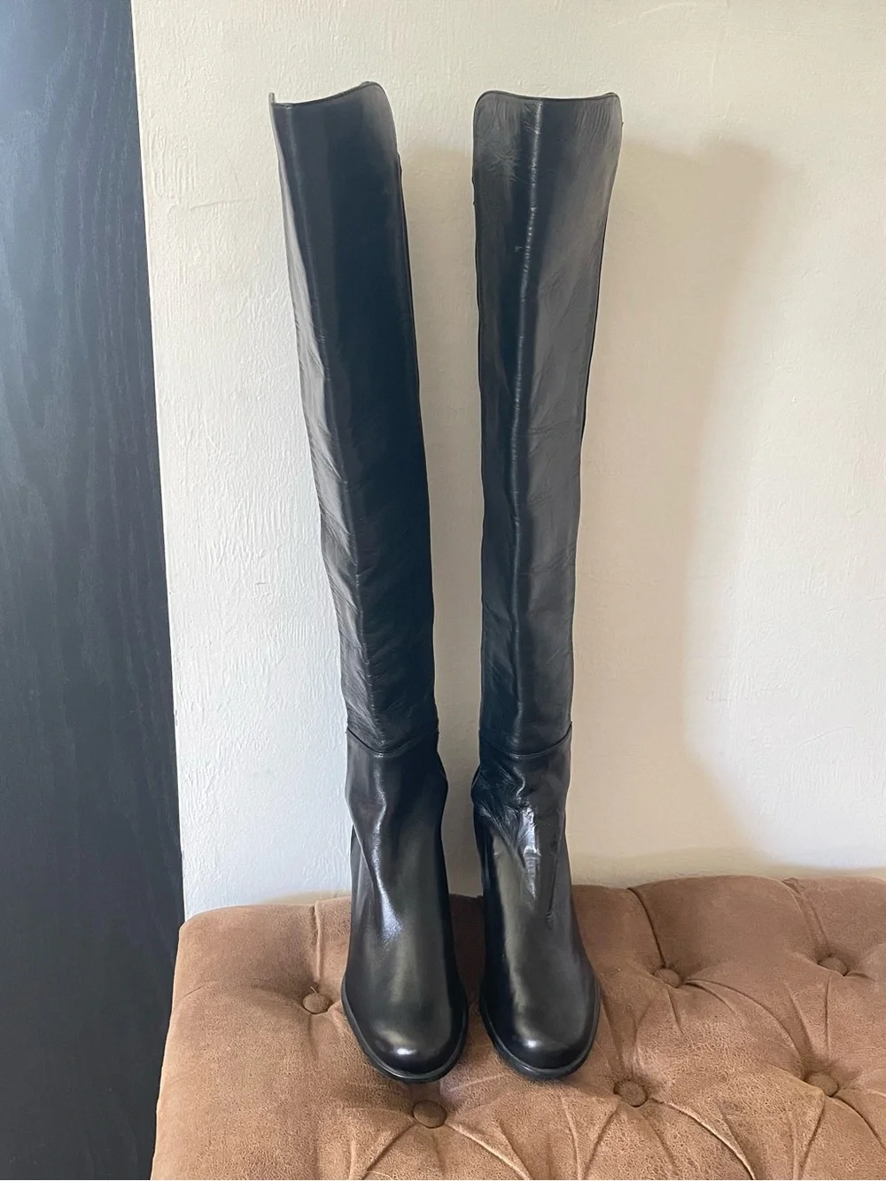 New Stuart Weitzman Classic Black Over-the-Knee Block Heel Leather Boots